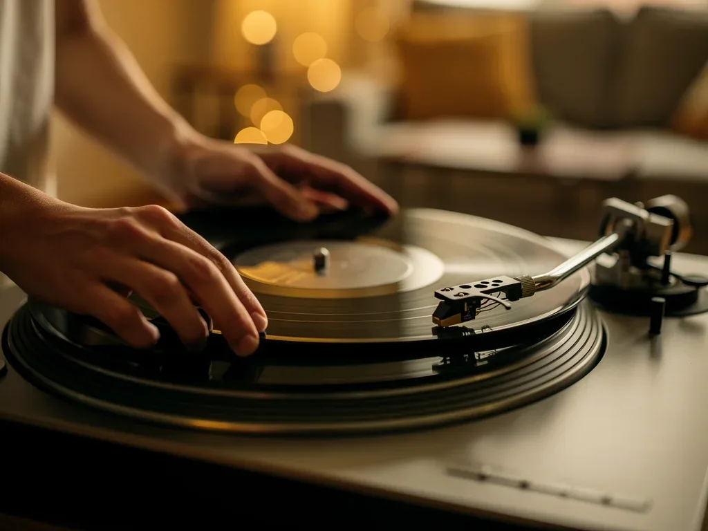 Young person placing a vinyl record on a turntable, emphasizing tactile experience.