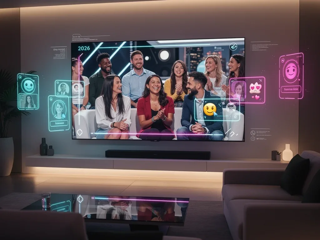 Futuristic dating reality show on a large screen, showcasing interactive elements and diverse participants, reflecting 2026 television trends.