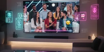 Futuristic dating reality show on a large screen, showcasing interactive elements and diverse participants, reflecting 2026 television trends.