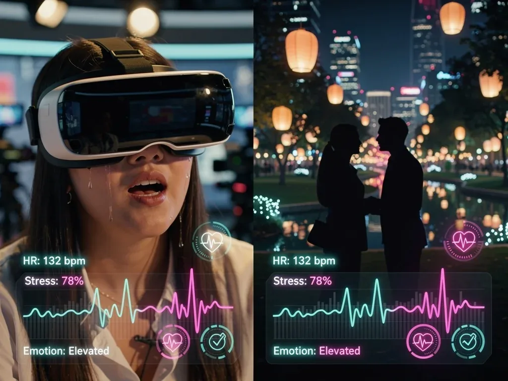 Reality TV contestant experiencing a VR date, displaying emotional reactions and biometric data on screen.