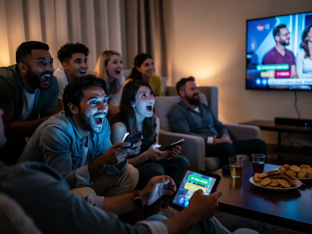 Engaged audience watching a live reality TV dating show, interacting with screens and showing excitement.