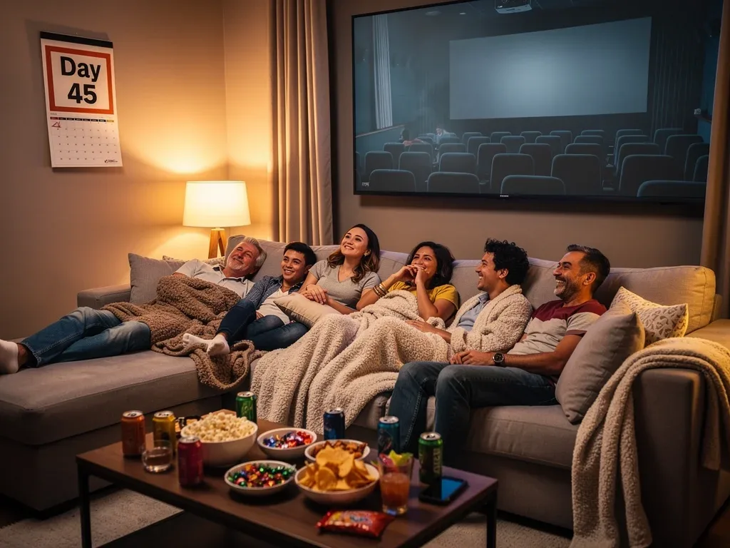 Home entertainment setup with people enjoying a day-45 digital movie release.