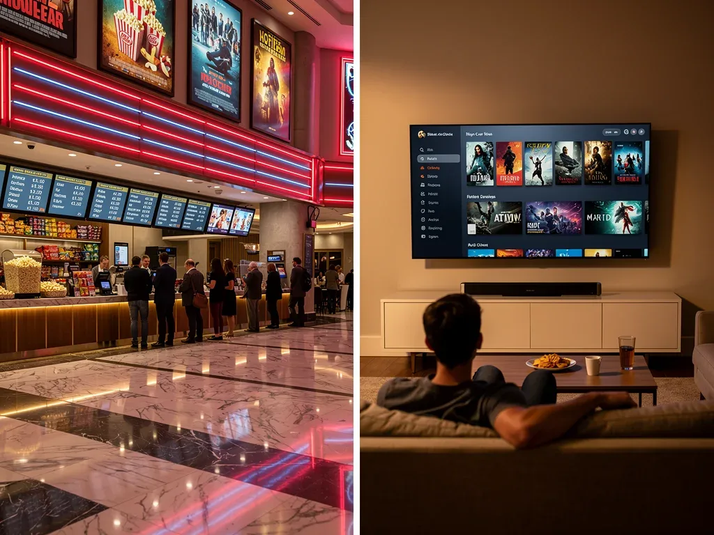 Contrast between cinema experience and home streaming convenience.