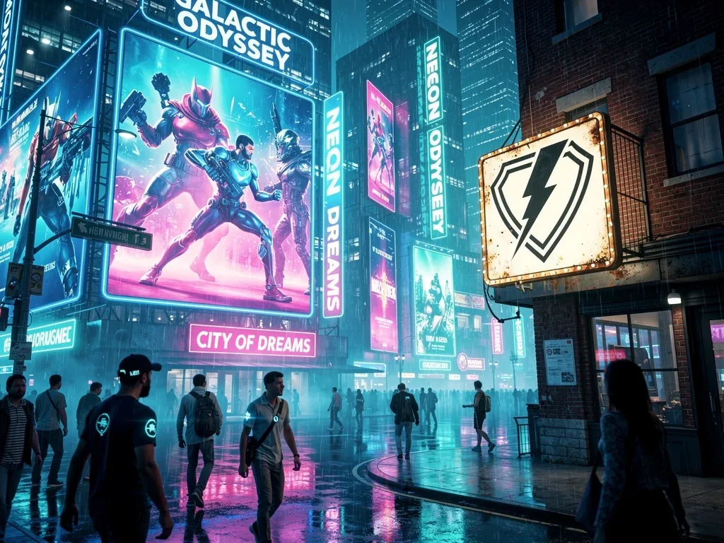 Dynamic cityscape with video game characters dominating holographic displays, symbolizing box office shift.