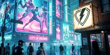 Dynamic cityscape with video game characters dominating holographic displays, symbolizing box office shift.