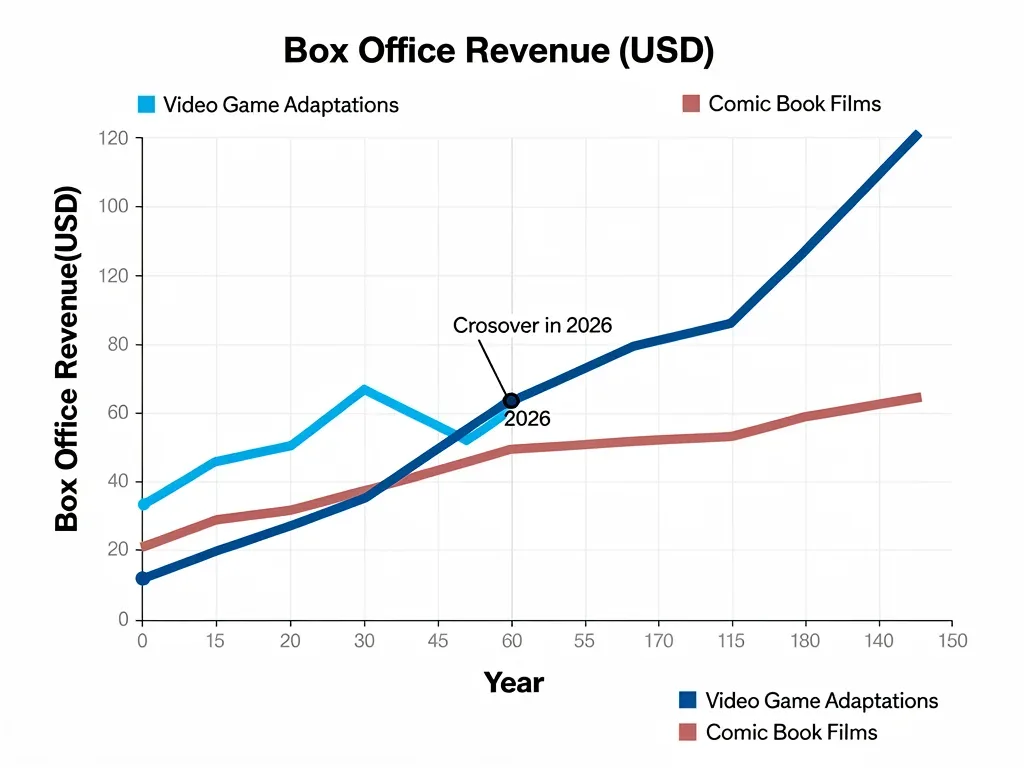 Box office revenue graph showing video game adaptations surpassing comic book films by 2026.