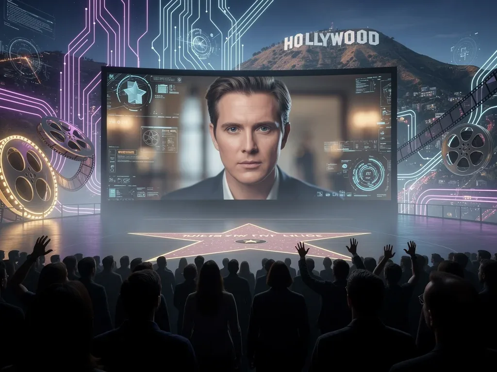 Audience reacting negatively to AI-generated cameo on a movie screen, highlighting Hollywood's digital controversy.