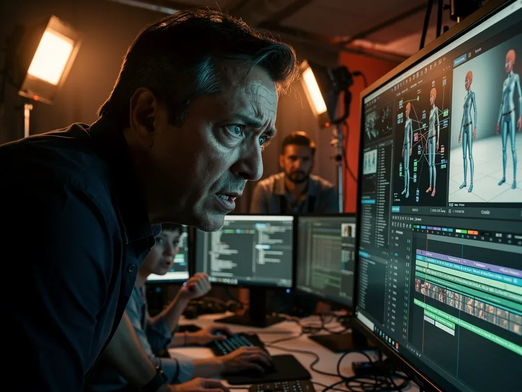 Film director and crew grappling with ethical dilemmas of AI integration in filmmaking.