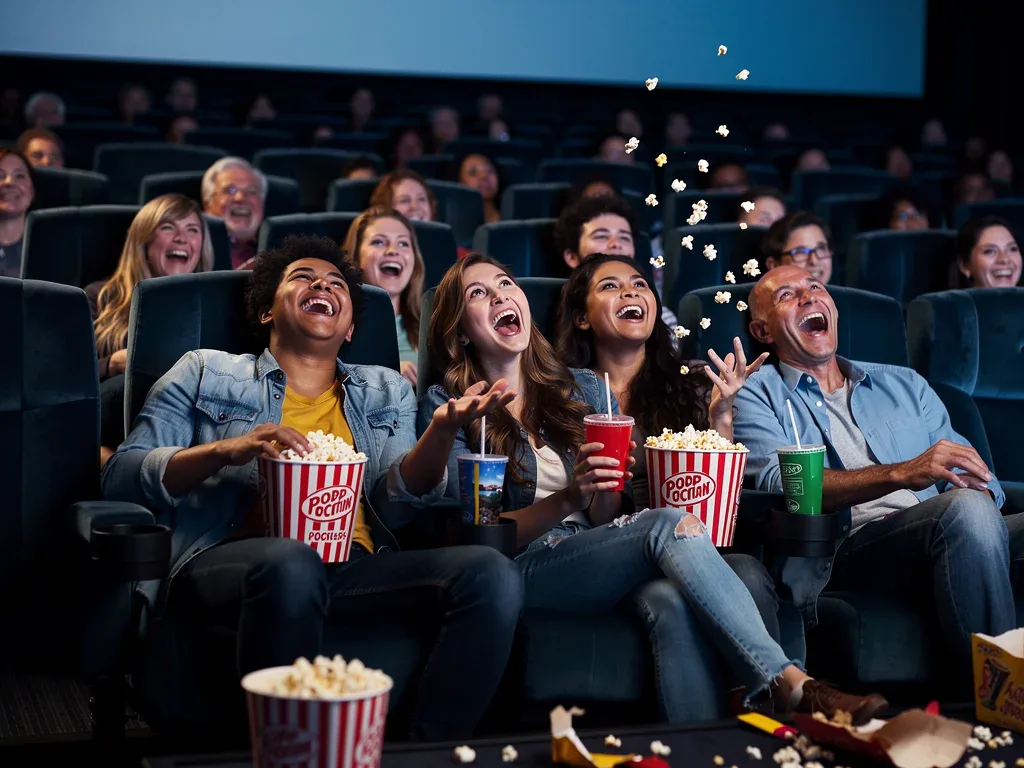 Audience members enjoying a comedy film in a packed movie theater, showcasing the communal experience of laughter.