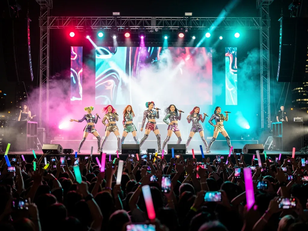 K-Pop fifth generation group performing live at a US music festival, captivating a large audience with their synchronized choreography and vibrant stage presence.