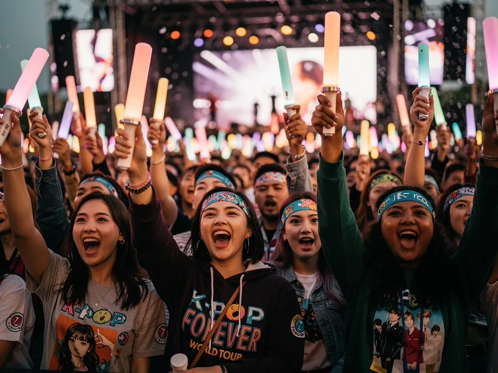 Diverse K-Pop fans enthusiastically cheering with lightsticks at a US music festival.
