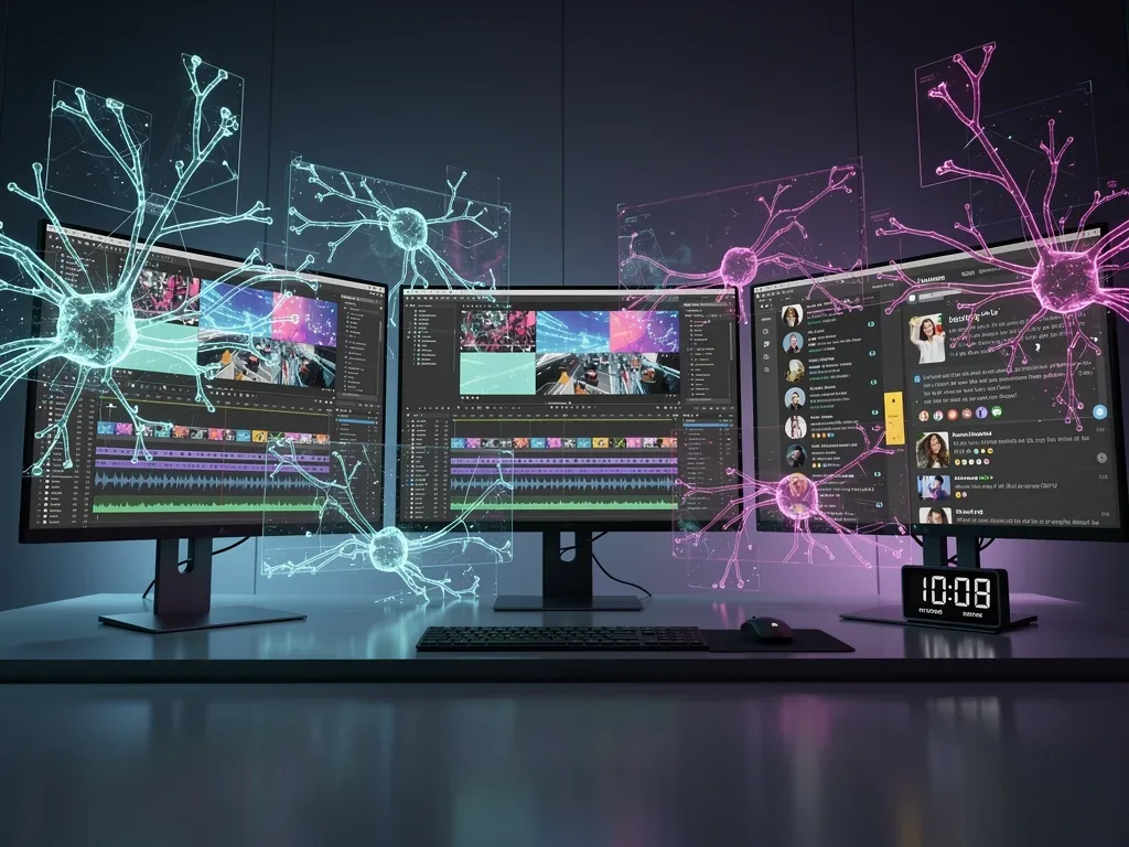 Futuristic workspace with AI automating video repurposing for social media