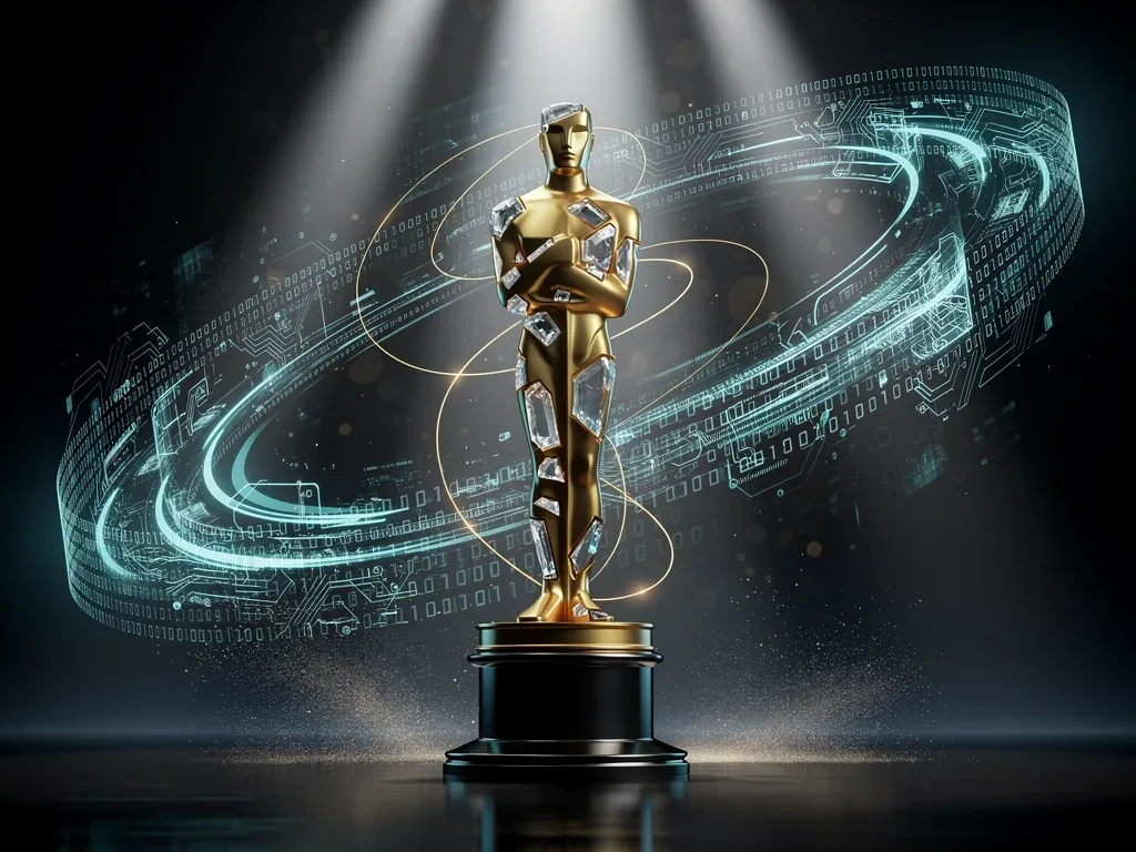 Golden award statue amidst digital data, symbolizing the 2026 award season overhaul