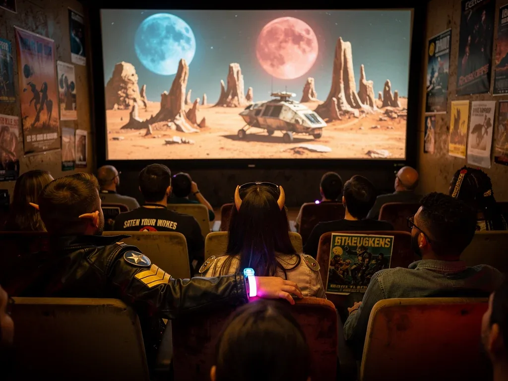 Sci-fi fans enjoying an independent micro-budget film screening