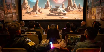 Sci-fi fans enjoying an independent micro-budget film screening