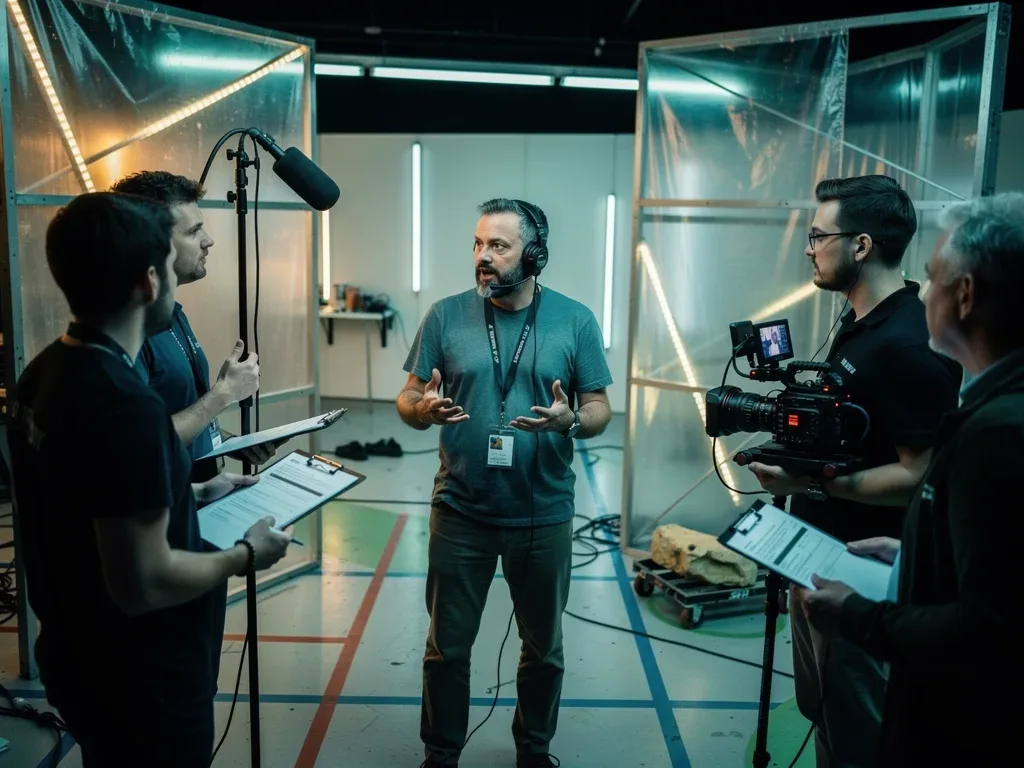 Independent sci-fi film director guiding a small crew on set