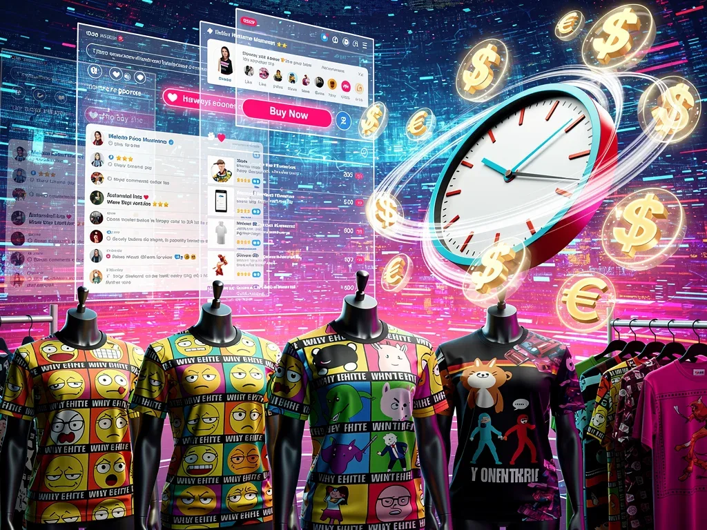 Dynamic visual representation of memes transforming into fast fashion merchandise