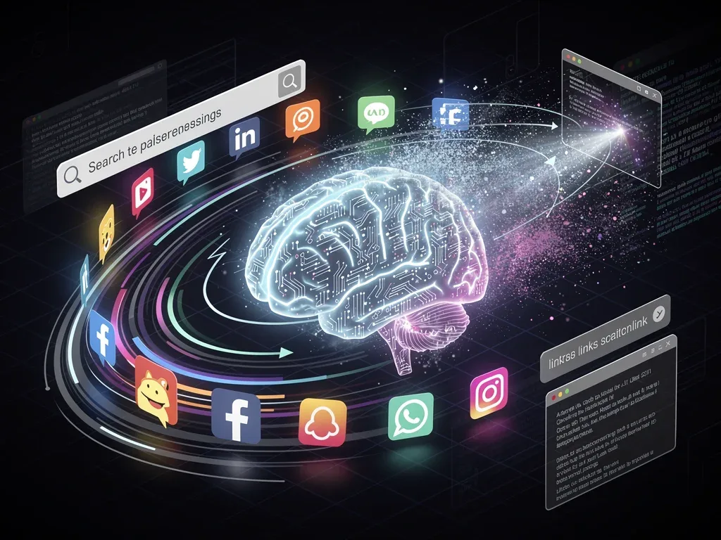 Generative AI brain influencing social media and search results, impacting external link clicks
