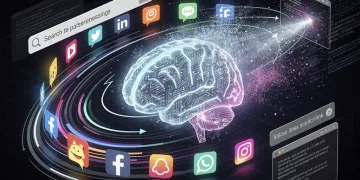 Generative AI brain influencing social media and search results, impacting external link clicks