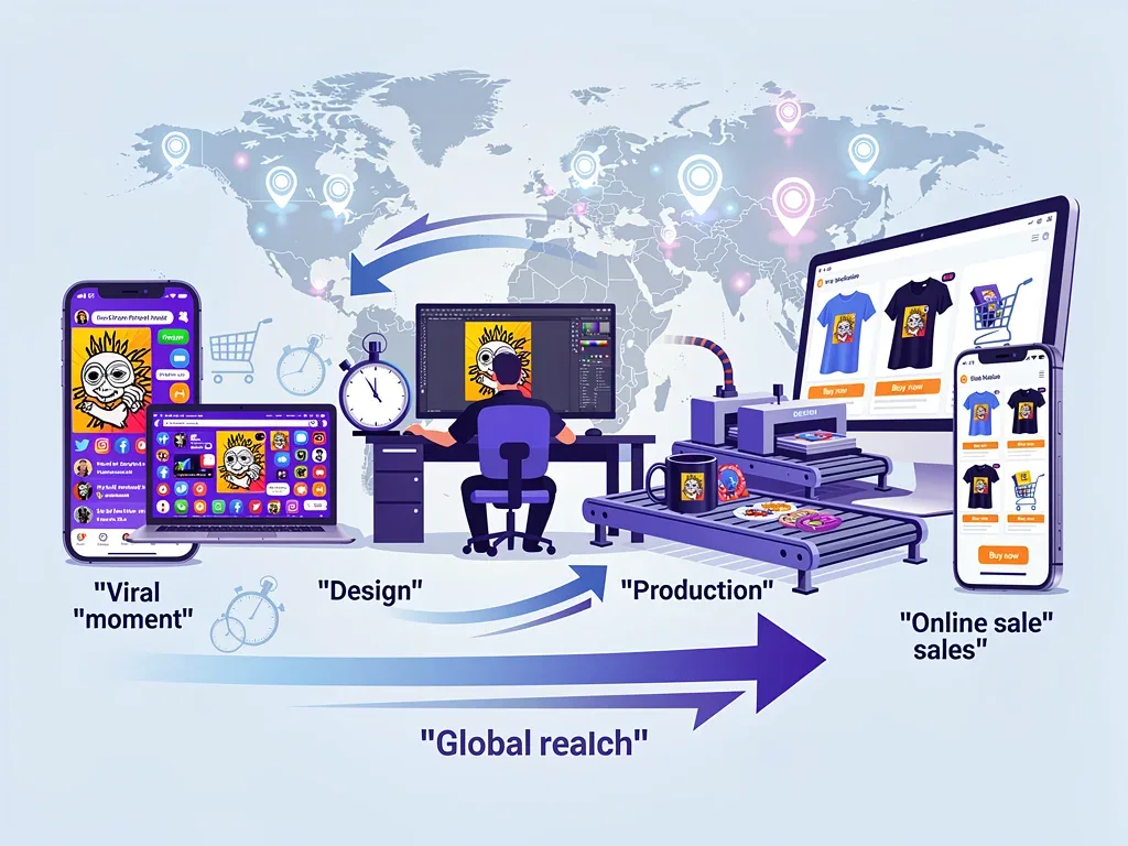 Workflow diagram of meme to merchandise creation and distribution