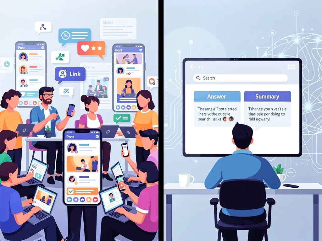 Contrast between social media sharing and AI direct answers in content discovery