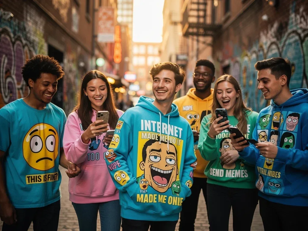 Young adults showcasing meme-inspired fast fashion in an urban environment