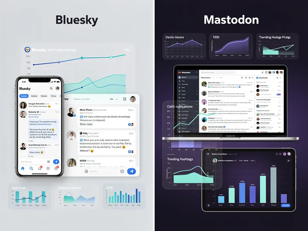 Comparing Bluesky and Mastodon user interfaces and growth metrics