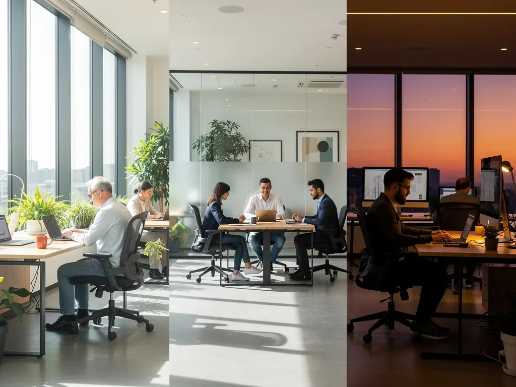 Diverse professionals working aligned with their chronotypes, optimizing productivity and well-being.
