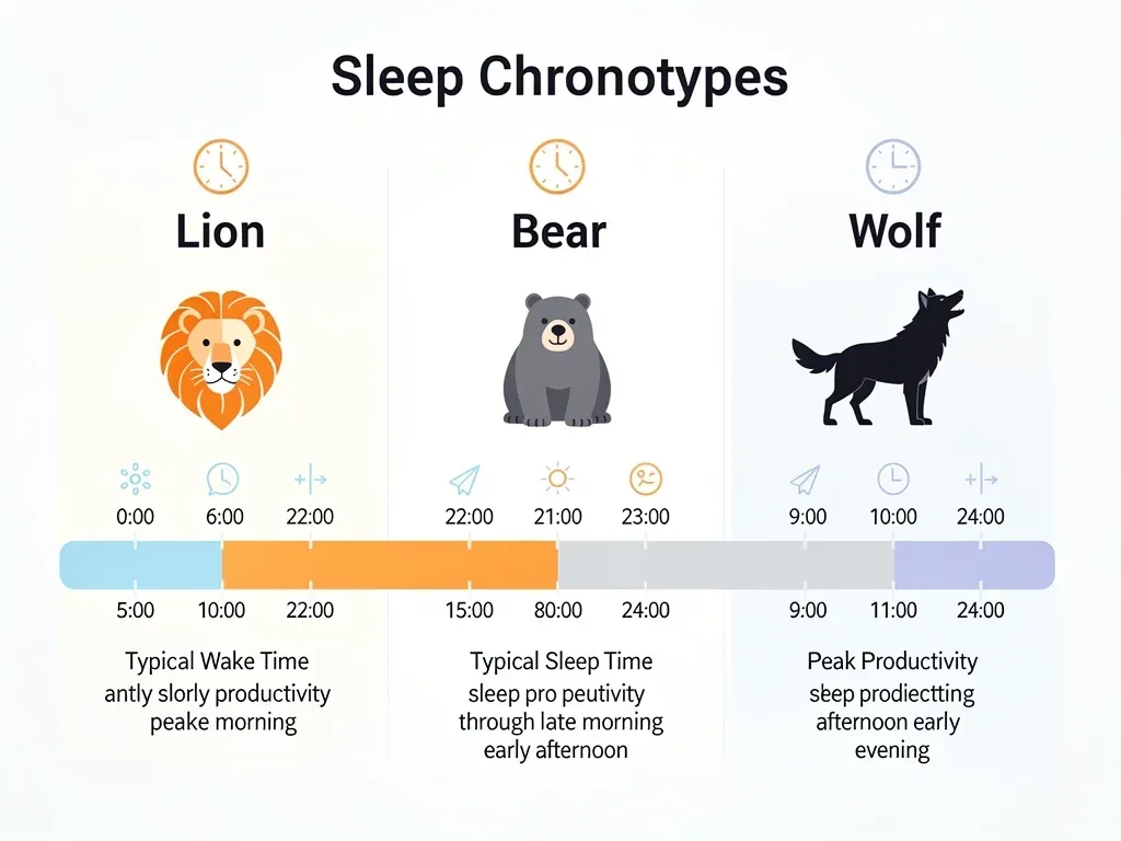 Infographic showing characteristics of Lion, Bear, and Wolf sleep chronotypes.