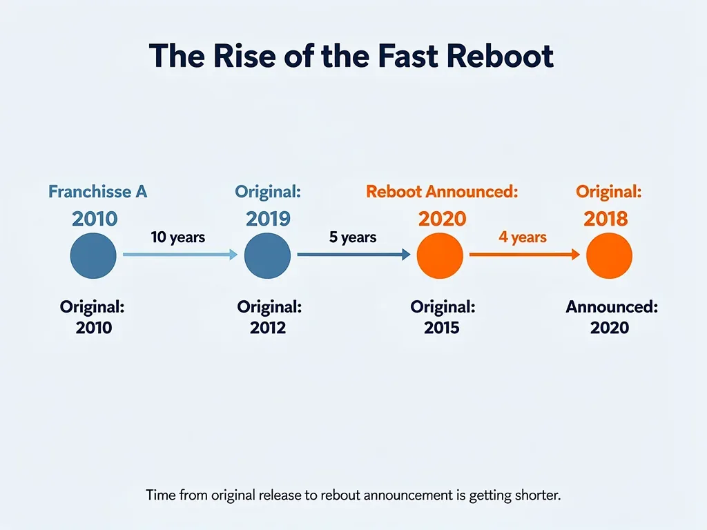 Timeline graphic illustrating the accelerated reboot cycle for 2010s franchises.