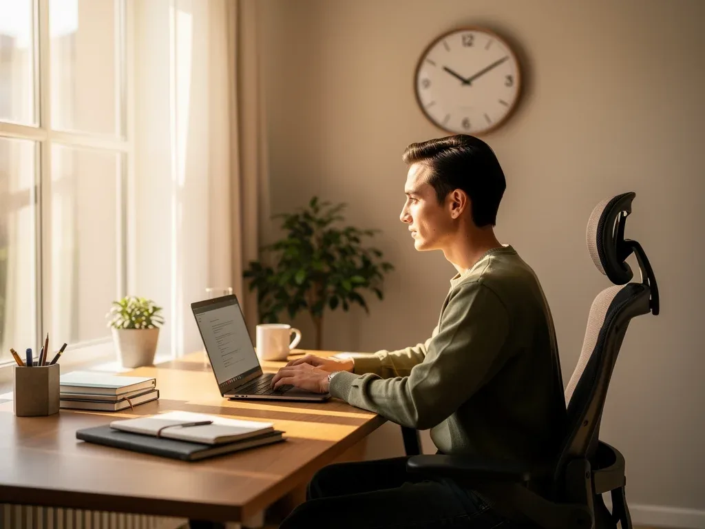 Person working productively in a home office, benefiting from chronotype alignment.