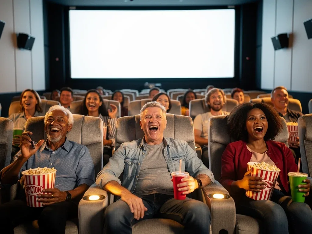 Happy audience enjoying a 90-minute movie in a modern cinema