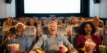 Happy audience enjoying a 90-minute movie in a modern cinema