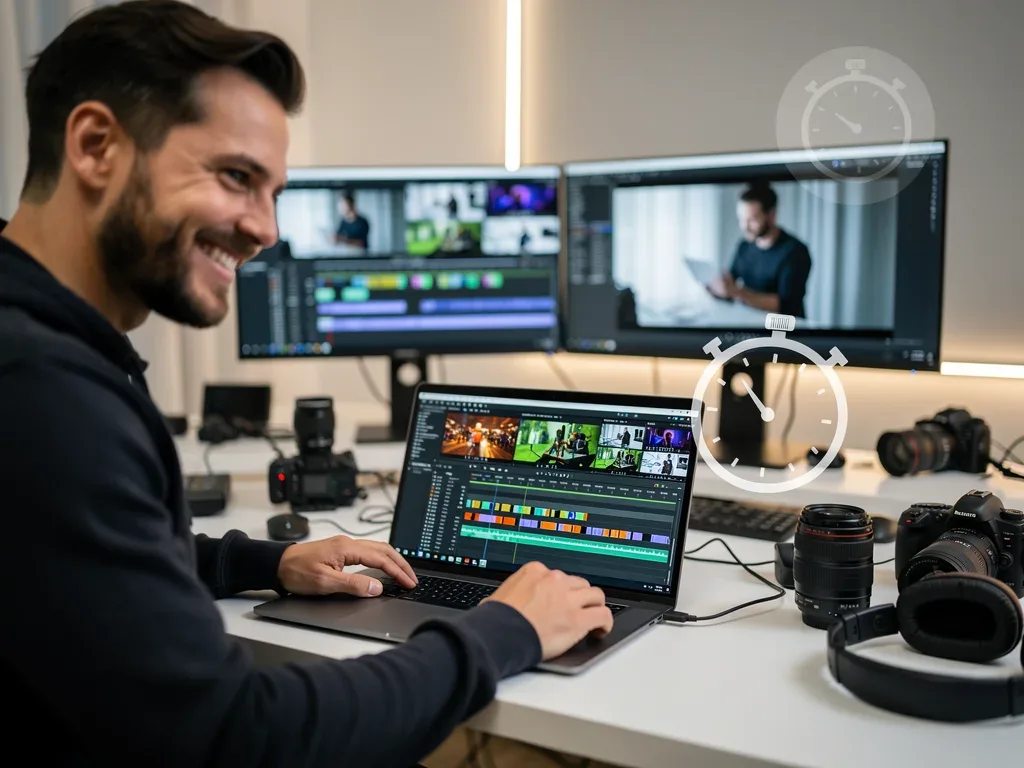 Videographer satisfied with efficiently edited video project on laptop