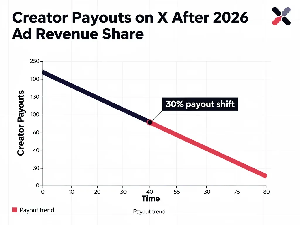Graph showing a 30% reduction in creator payouts on X after the 2026 ad revenue share model change.