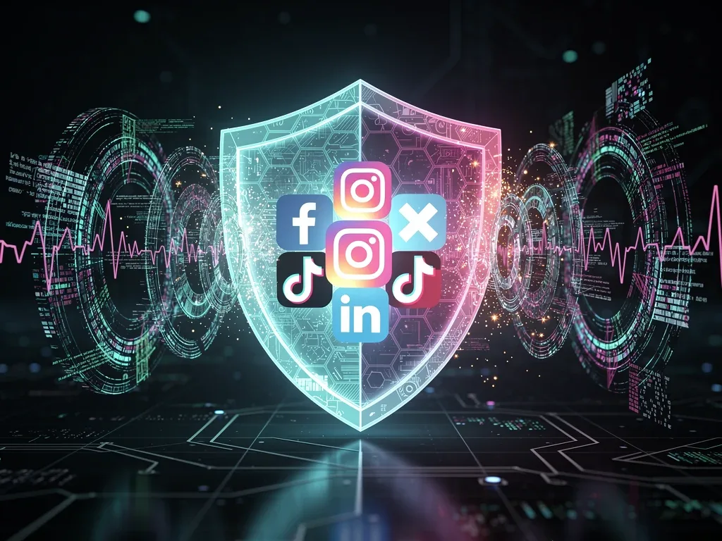 Digital shield protecting social media icons from AI voice cloning threat