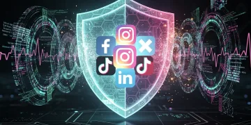 Digital shield protecting social media icons from AI voice cloning threat