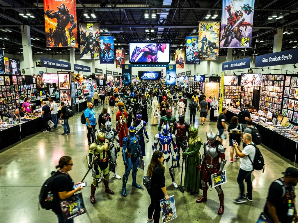 Comic-Con attendees in costume navigating a crowded convention floor with bright lights and large displays.