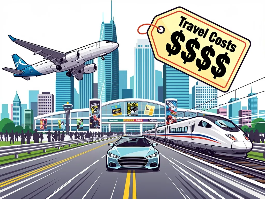 Illustration of fan travel methods like planes and cars heading to Comic-Con, with rising travel expenses.